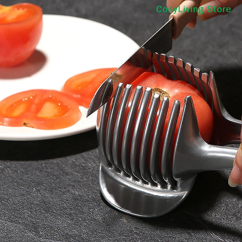 Stainless Steel Onion Holder Vegetable Fruit Cutter and Tomato Potato Slicer Kitchen Tool