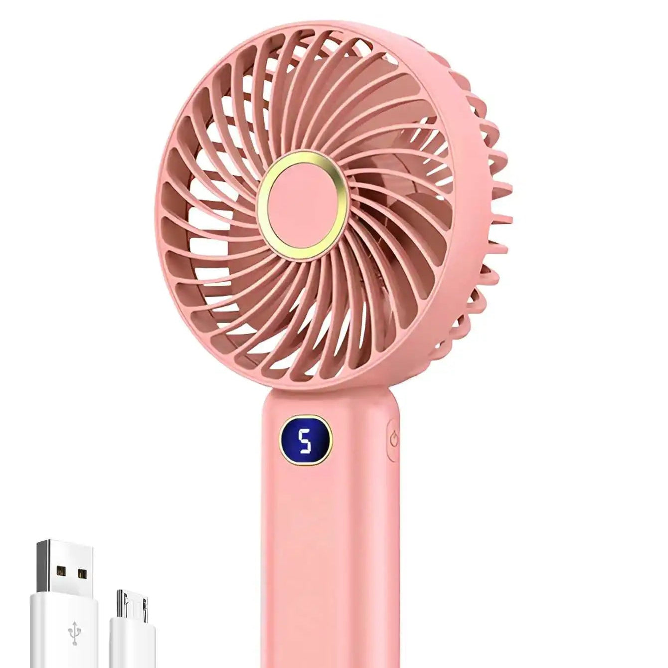 Pink handheld fan with USB cable on a white background
